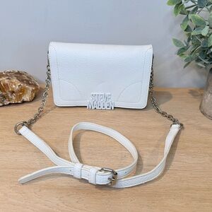 Steve Madden White Logo Flap Crossbody Silver Chain Strap